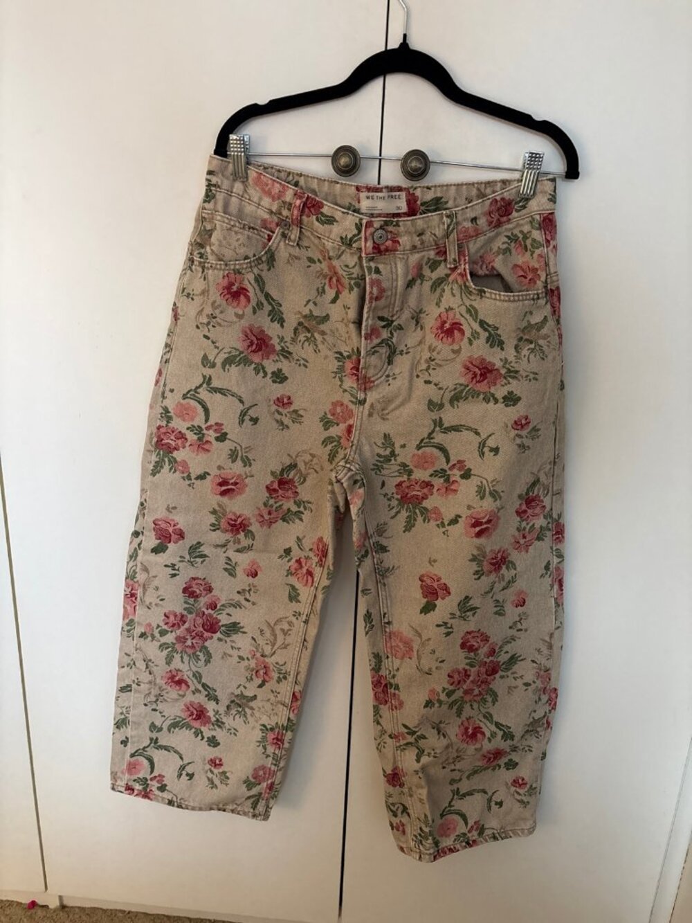 We The Free Floral Print Jeans, Tan Rose Print, Straight, Size 30